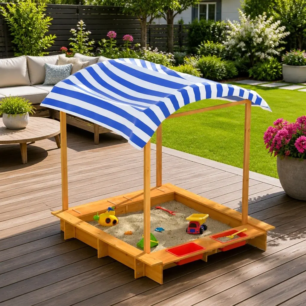 Wooden Sandbox for Outdoor Play 146cm with Canopy and Dual Water Basins