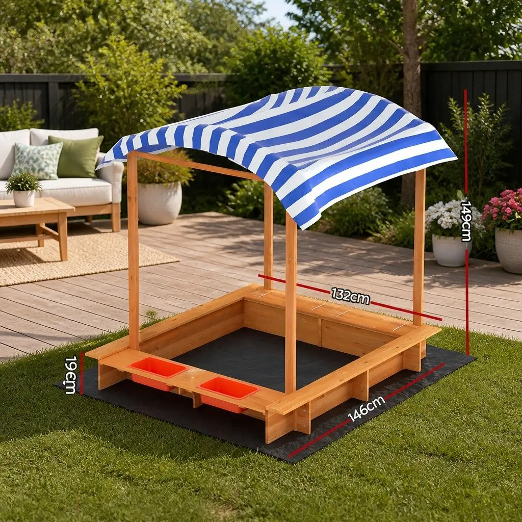 Wooden Sandbox for Outdoor Play 146cm with Canopy and Dual Water Basins