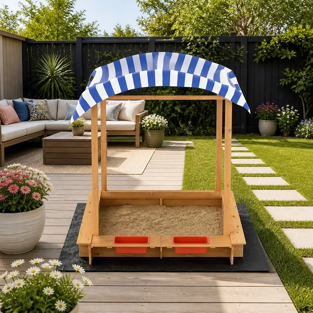 Wooden Sandbox for Outdoor Play 146cm with Canopy and Dual Water Basins