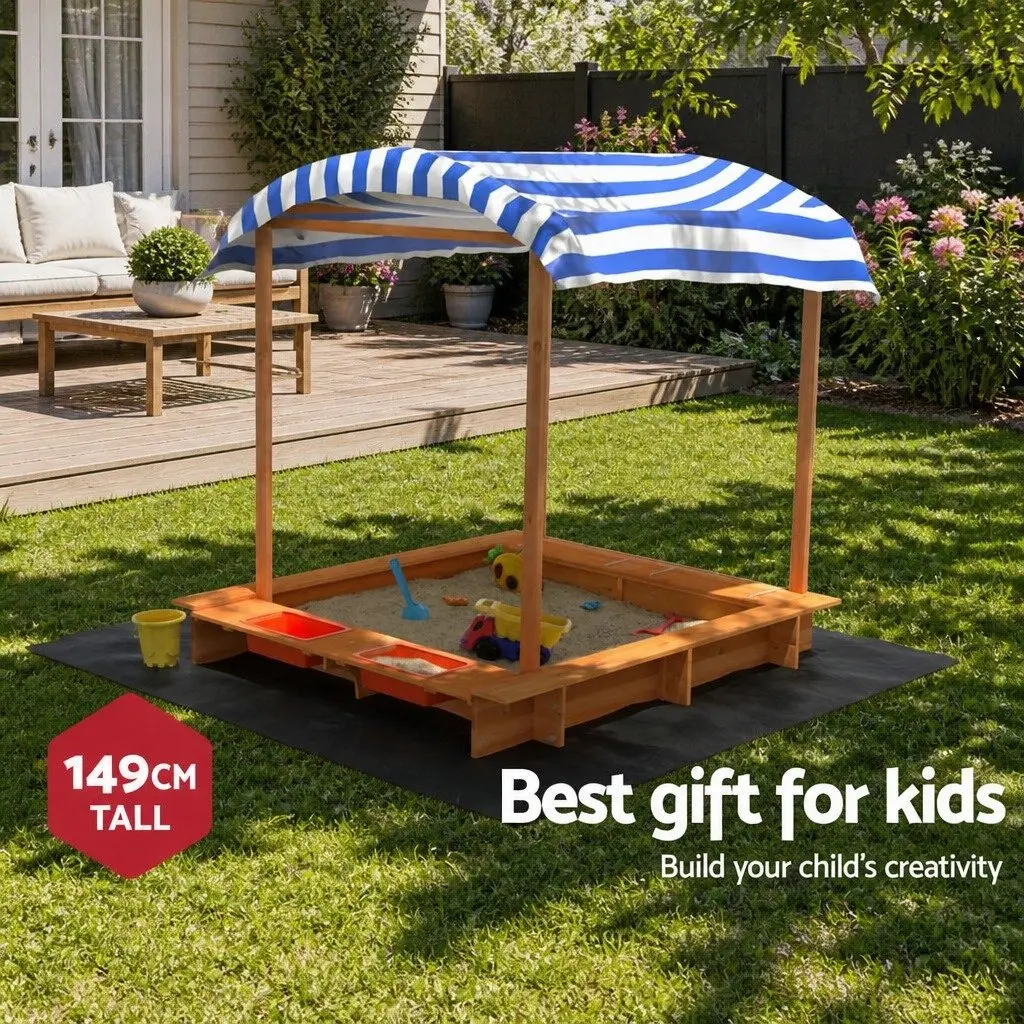 Wooden Sandbox for Outdoor Play 146cm with Canopy and Dual Water Basins