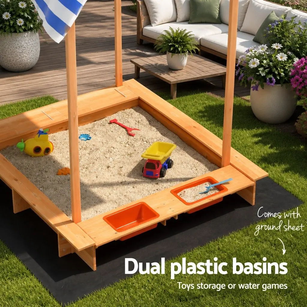 Wooden Sandbox for Outdoor Play 146cm with Canopy and Dual Water Basins