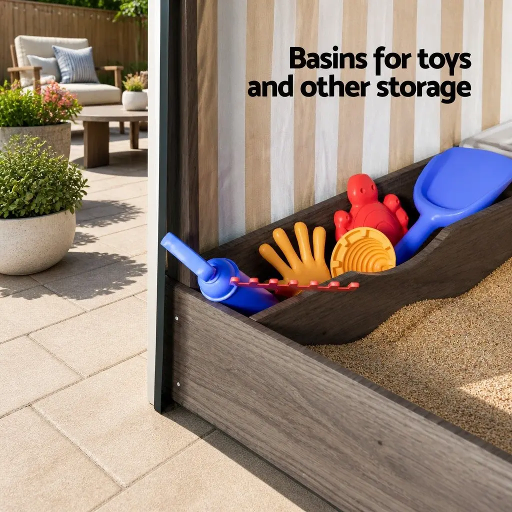 Kids Wooden Sandbox with Canopy 120cm Water Basin Roll-Up Mesh Window Outdoor