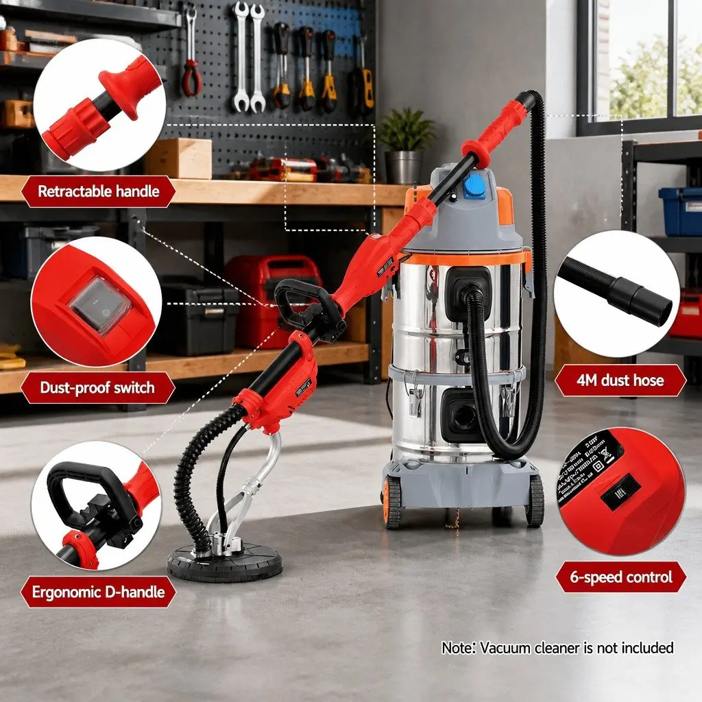 800W Drywall Sander Plaster Wall Board Dust Extendable Arm 6 Speed Control