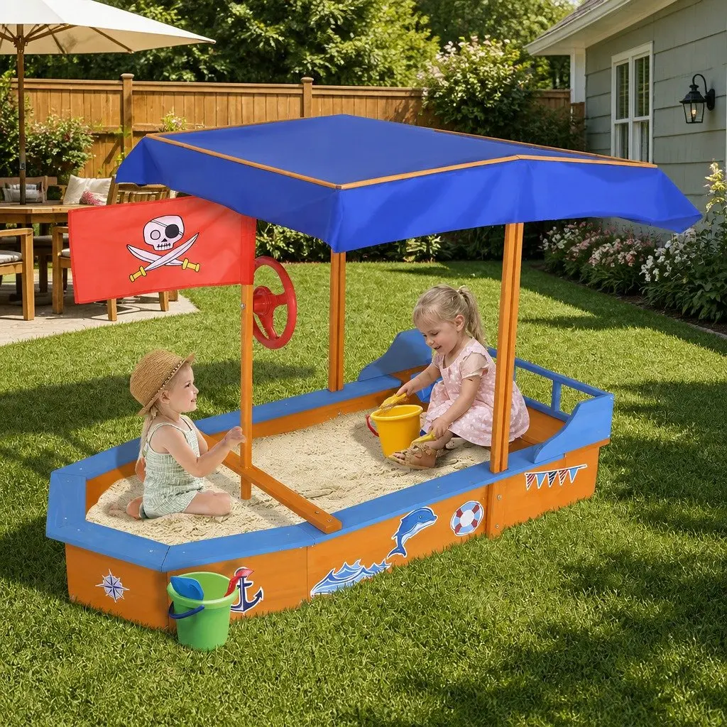 Kids Wooden Boat Sandbox with Canopy Bench Seating Outdoor Sand Pit Play 150cm