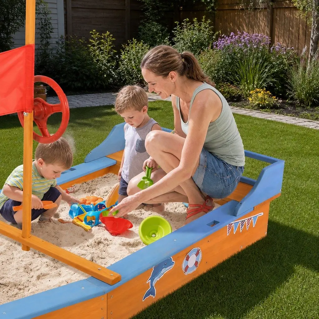 Kids Wooden Boat Sandbox with Canopy Bench Seating Outdoor Sand Pit Play 150cm