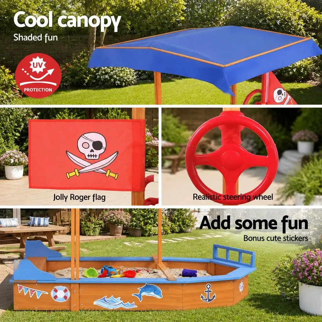 Kids Wooden Boat Sandbox with Canopy Bench Seating Outdoor Sand Pit Play 150cm
