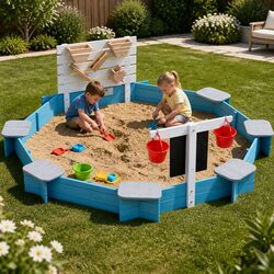 215cm Kids Wooden Sandpit with Sand Funnel and Buckets