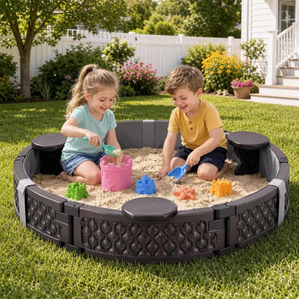 Kids Sandpit 121cm with 3 Seats, Cover & Bottom Liner