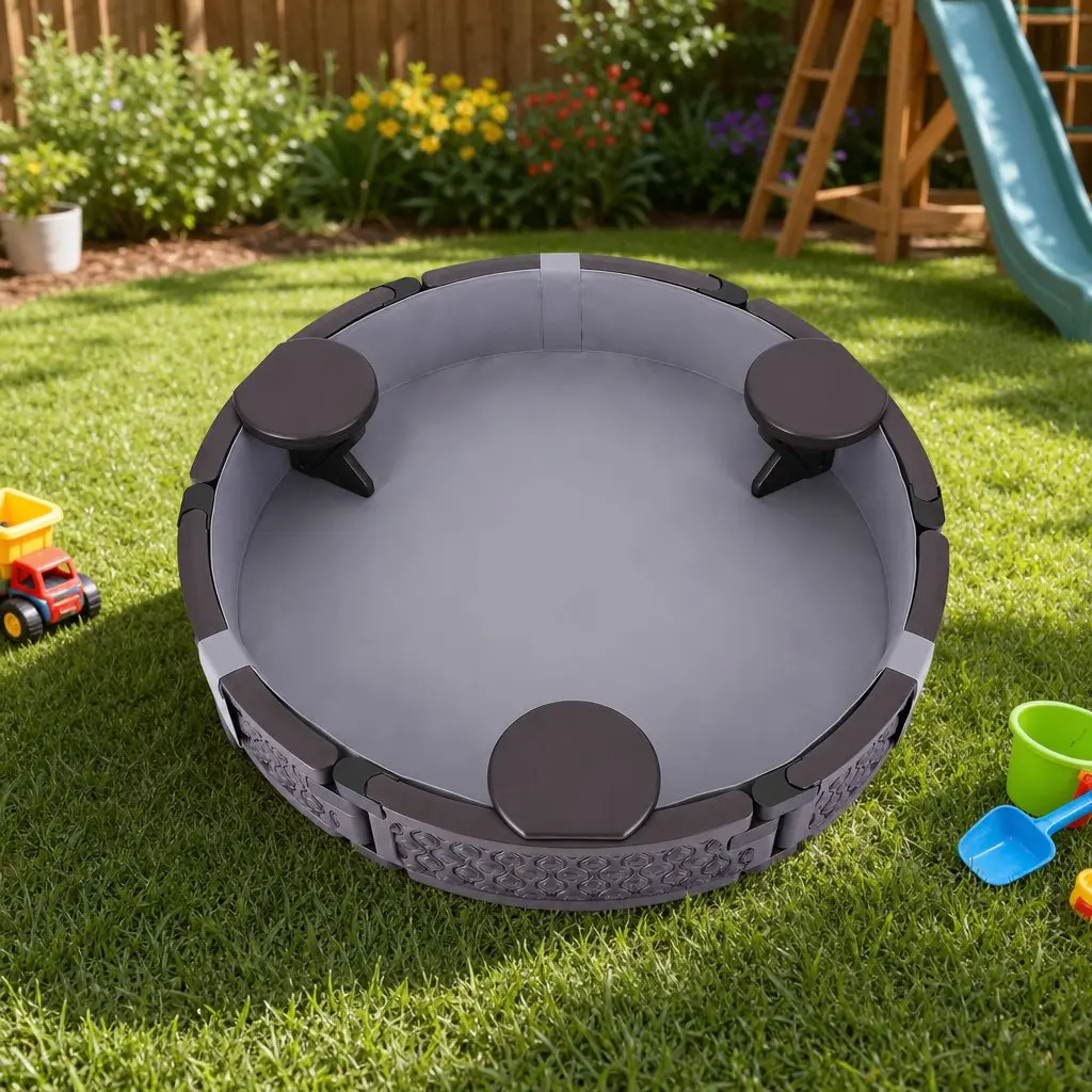 Kids Outdoor Sandbox Round 121cm Backyard Lawn Garden with 3 Seats Brown Cover