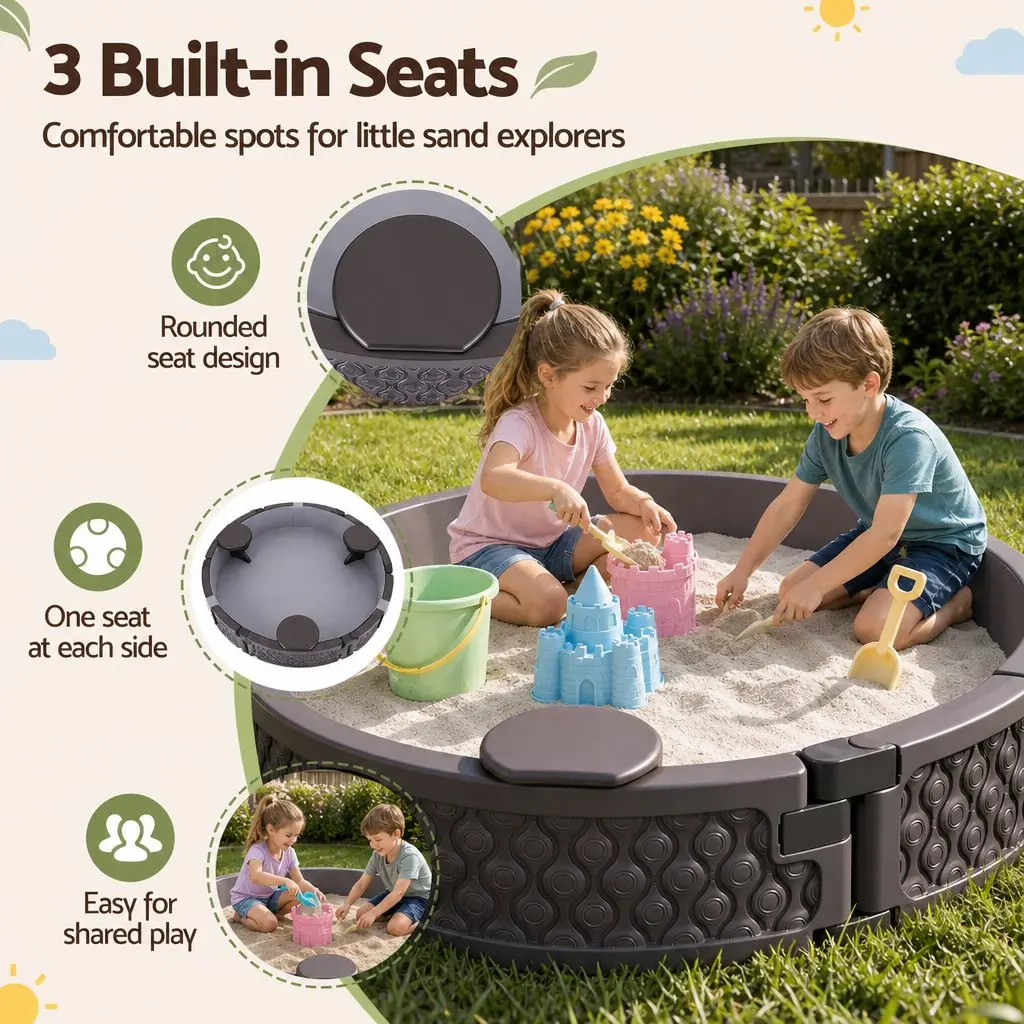 Kids Outdoor Sandbox Round 121cm Backyard Lawn Garden with 3 Seats Brown Cover
