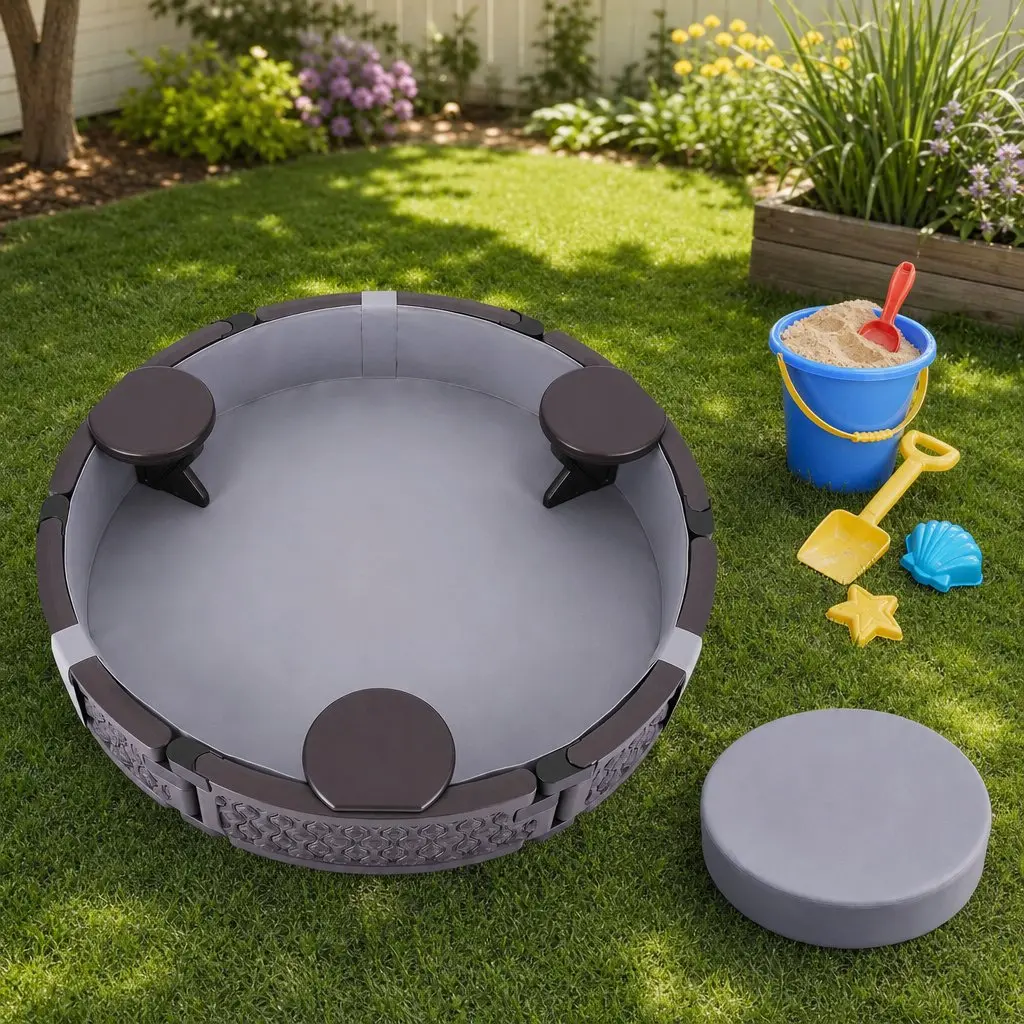 Kids Outdoor Sandbox Round 121cm Backyard Lawn Garden with 3 Seats Brown Cover