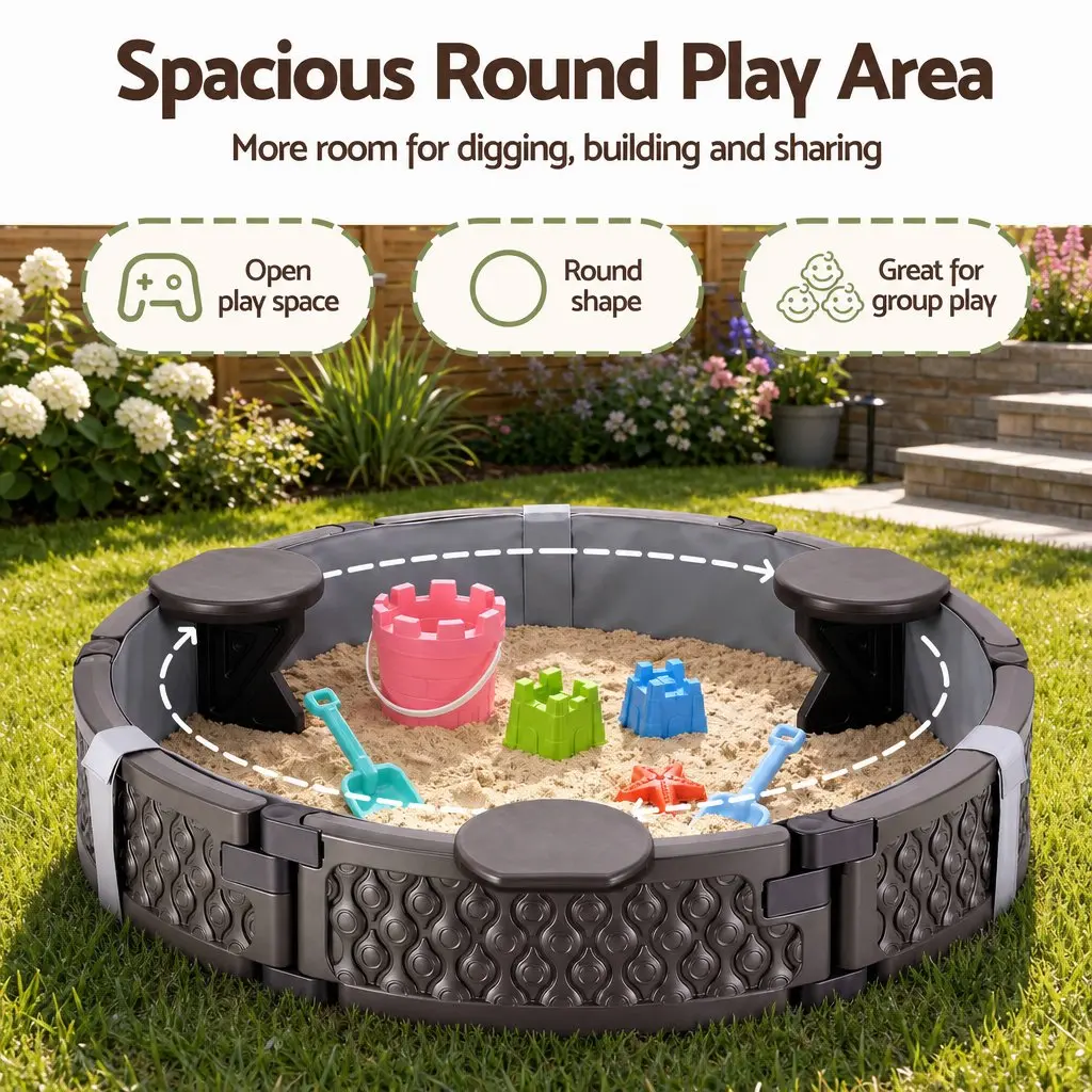 Kids Outdoor Sandbox Round 121cm Backyard Lawn Garden with 3 Seats Brown Cover