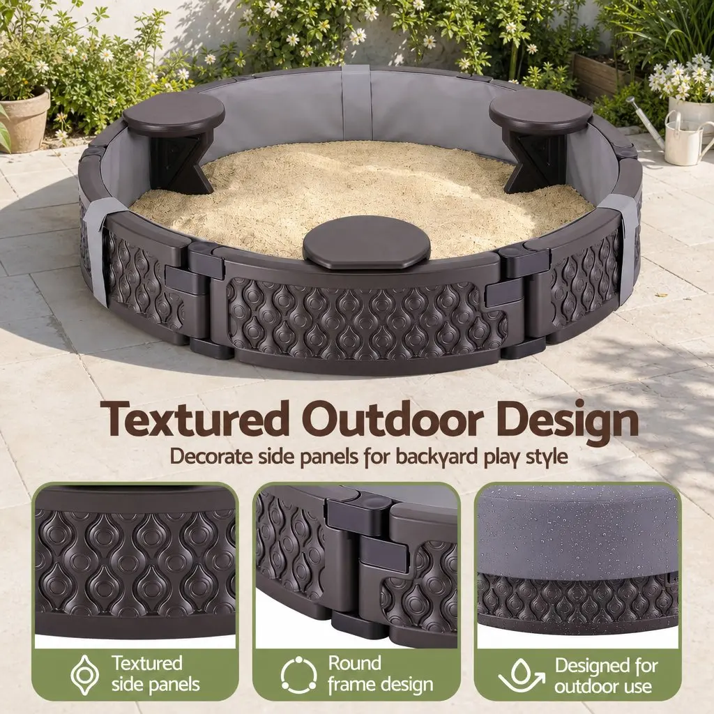 Kids Outdoor Sandbox Round 121cm Backyard Lawn Garden with 3 Seats Brown Cover