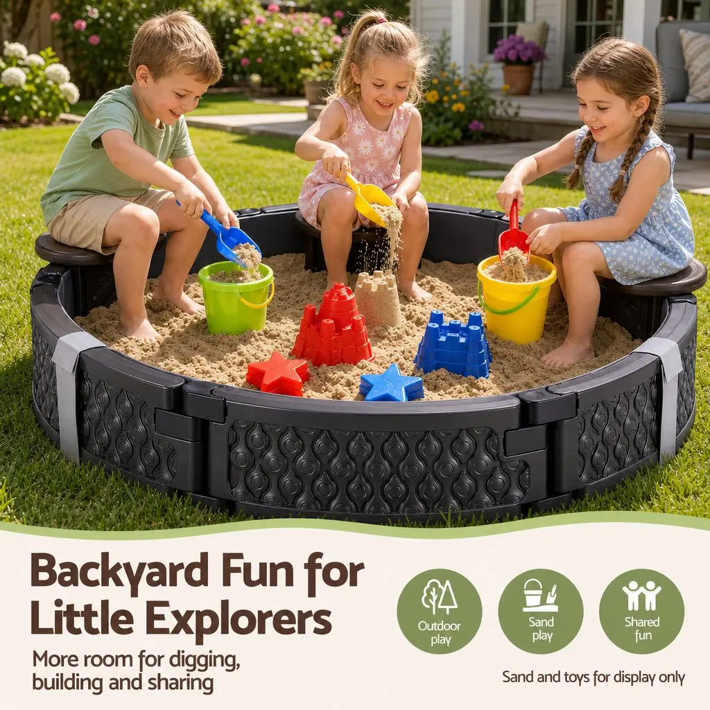 Kids Outdoor Sandbox Round 121cm Backyard Lawn Garden with 3 Seats Brown Cover