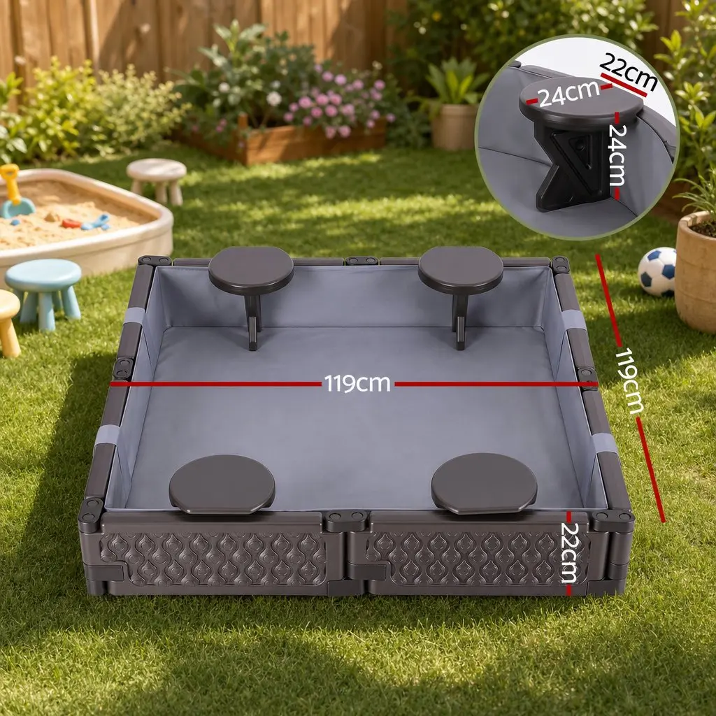 Kids Square Sandbox With 4 Seats Grey Liner Cover Outdoor Sand Box Brown