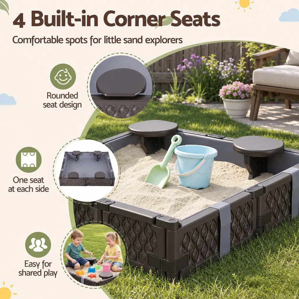 Kids Square Sandbox With 4 Seats Grey Liner Cover Outdoor Sand Box Brown