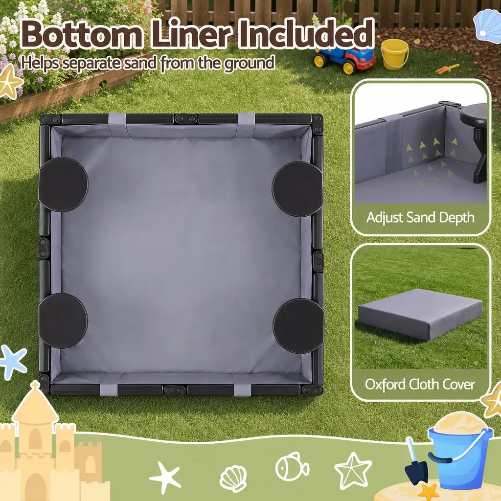 Kids Square Sandbox With 4 Seats Grey Liner Cover Outdoor Sand Box Brown
