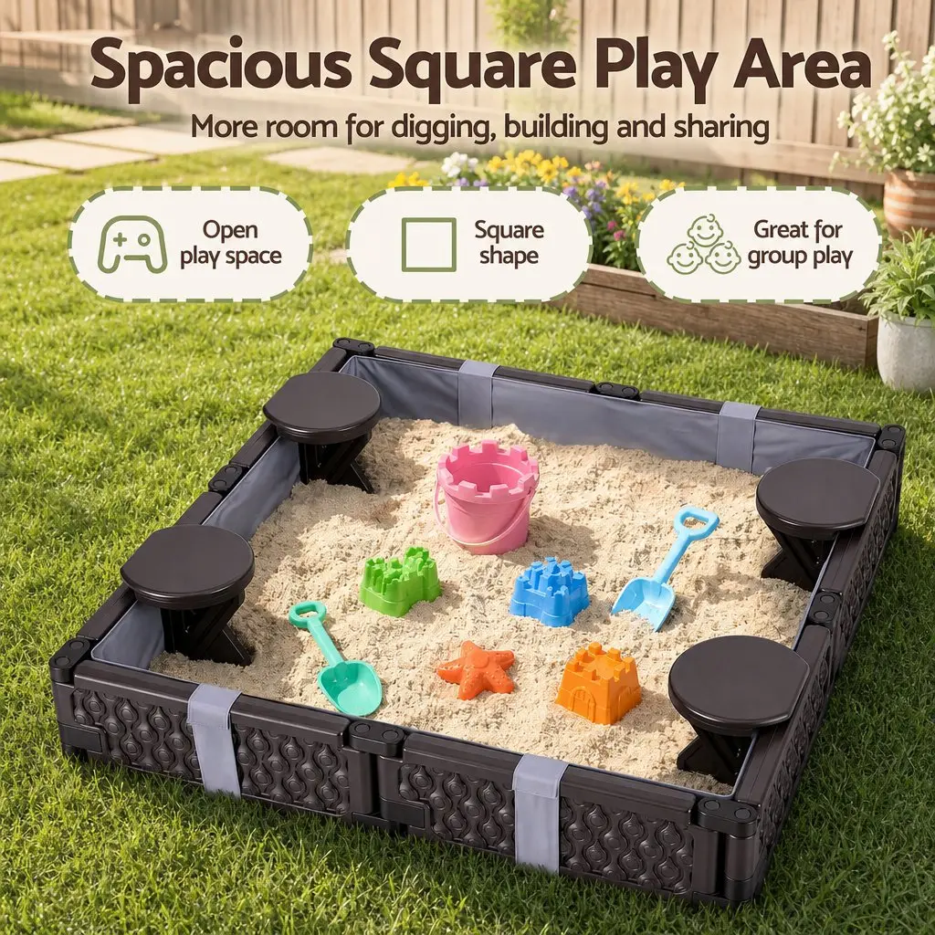 Kids Square Sandbox With 4 Seats Grey Liner Cover Outdoor Sand Box Brown
