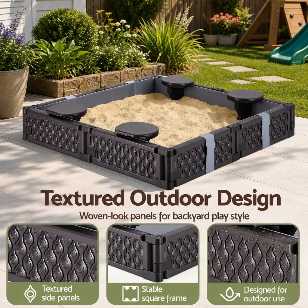 Kids Square Sandbox With 4 Seats Grey Liner Cover Outdoor Sand Box Brown