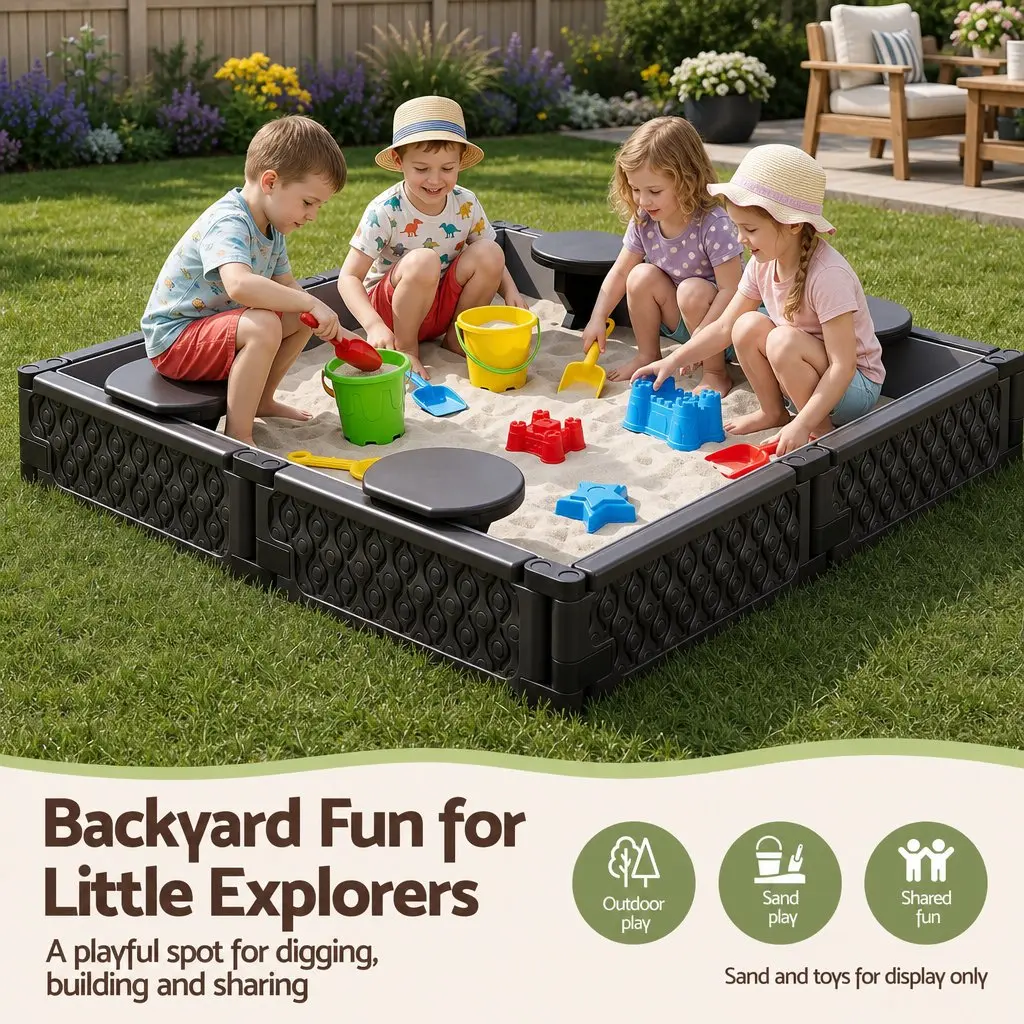Kids Square Sandbox With 4 Seats Grey Liner Cover Outdoor Sand Box Brown