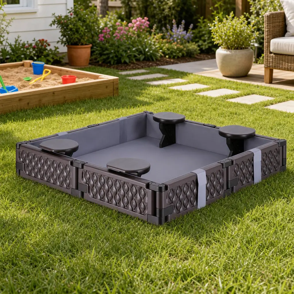 Kids Square Sandbox With 4 Seats Grey Liner Cover Outdoor Sand Box Brown