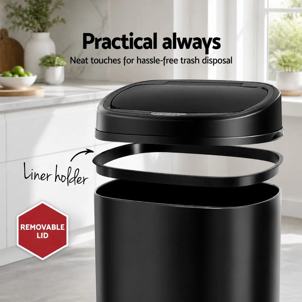 Motion Sensor Automatic Rubbish Bin 58L Hands-Free Kitchen Waste Black Steel
