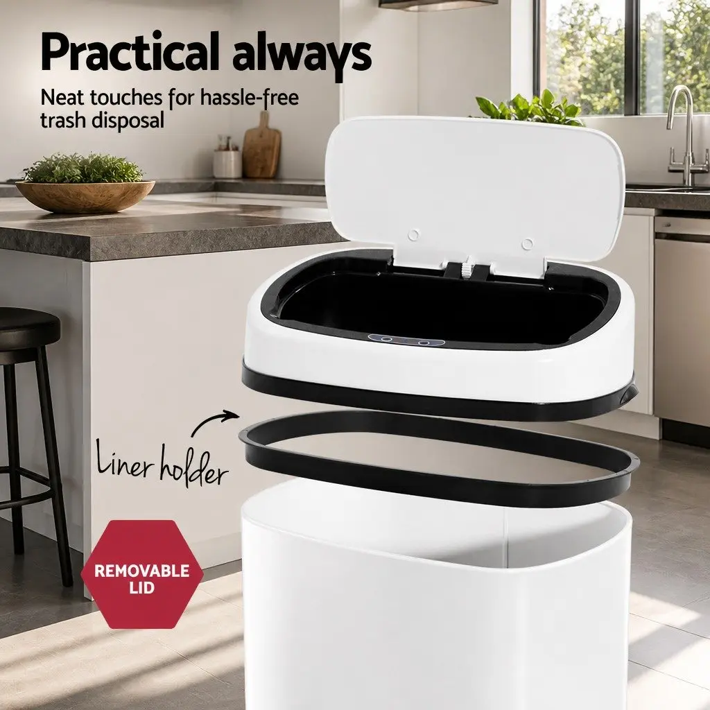 Automatic Motion Sensor Rubbish Bin Kitchen 58L White Steel