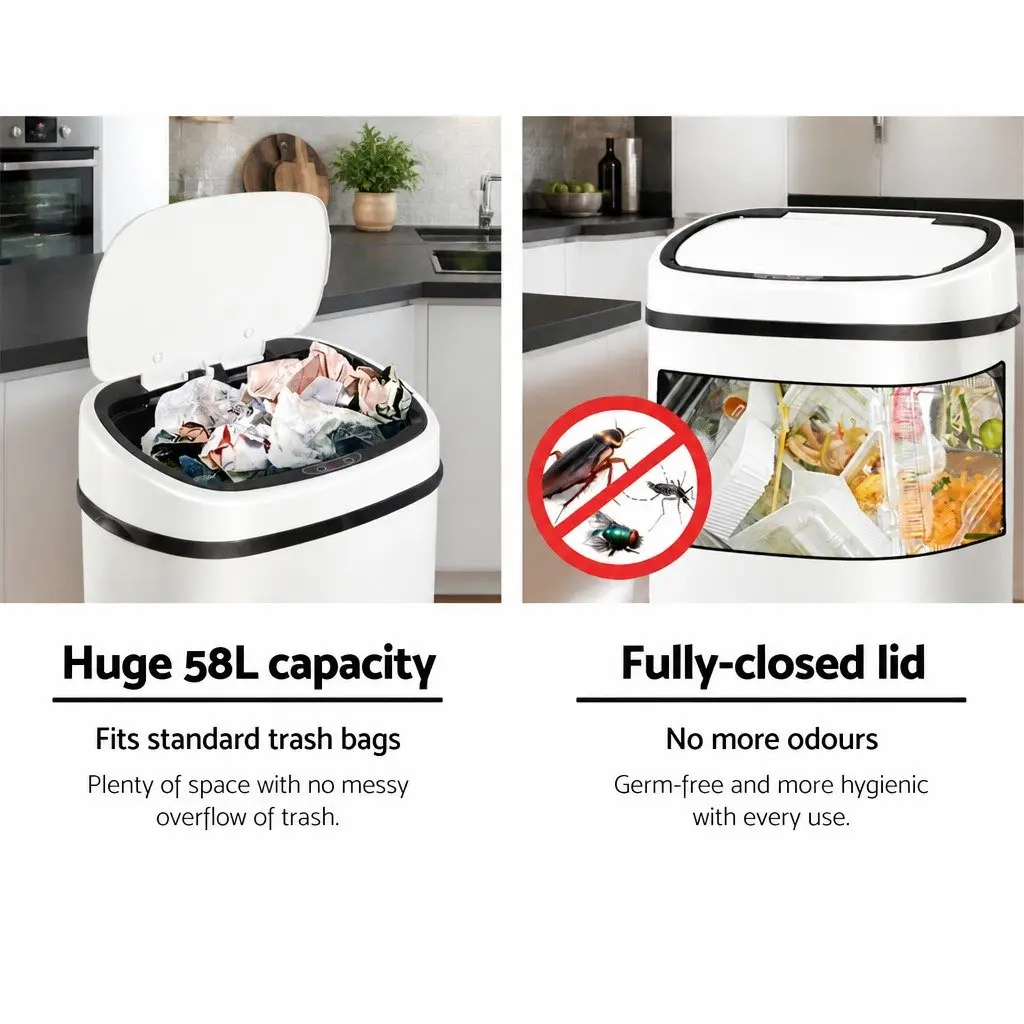 Automatic Motion Sensor Rubbish Bin Kitchen 58L White Steel