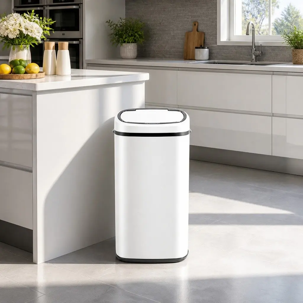 Automatic Rubbish Bin Kitchen 68L Hands-Free Motion Sensor White Steel