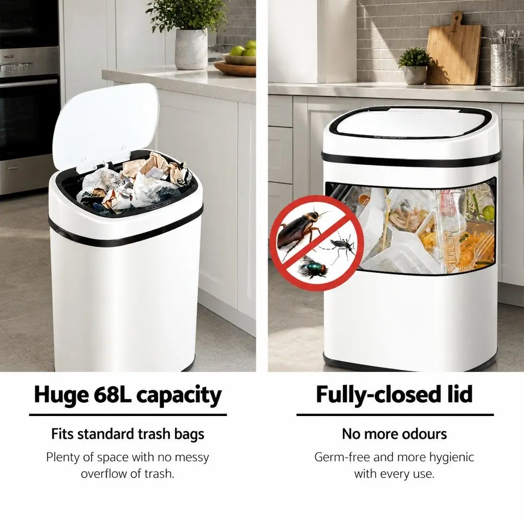 Automatic Rubbish Bin Kitchen 68L Hands-Free Motion Sensor White Steel
