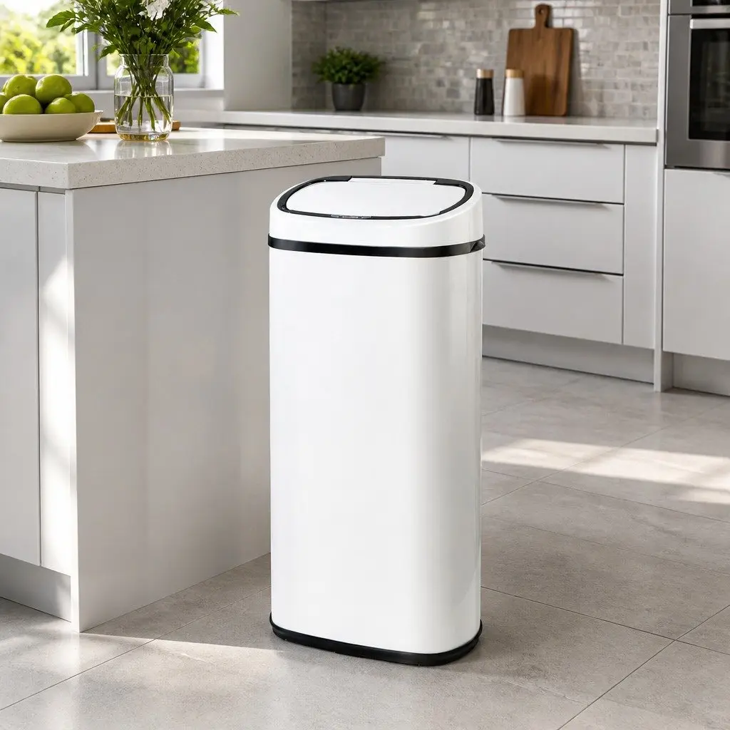 Automatic Rubbish Bin Kitchen 68L Hands-Free Motion Sensor White Steel
