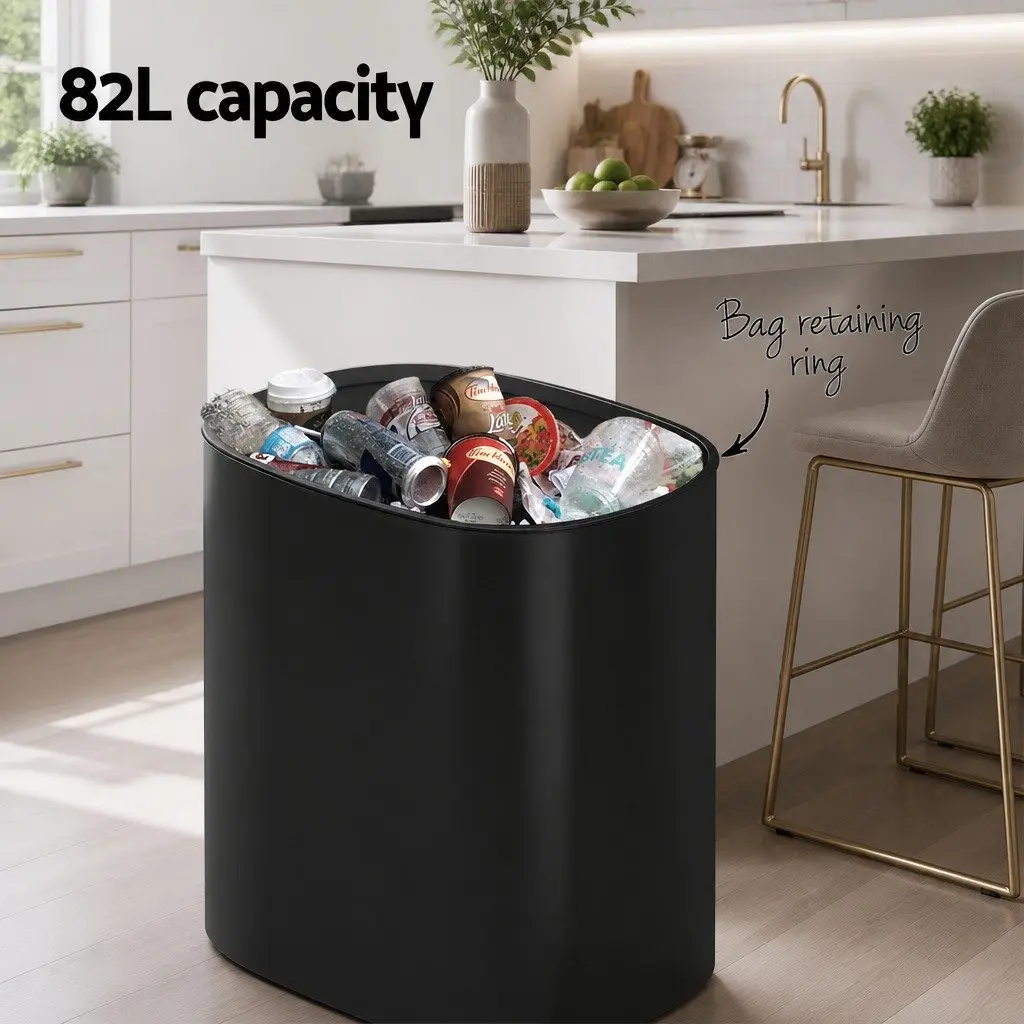 Motion Sensor Bin 82L Automatic Rubbish Hands-Free Kitchen Black Steel