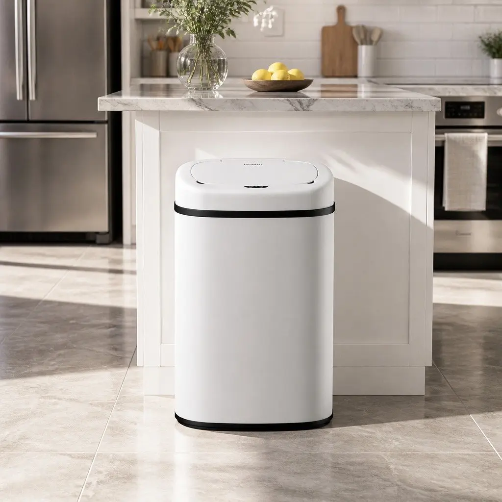 Motion Sensor Rubbish Bin Automatic 82L Capacity White Steel Kitchen Waste