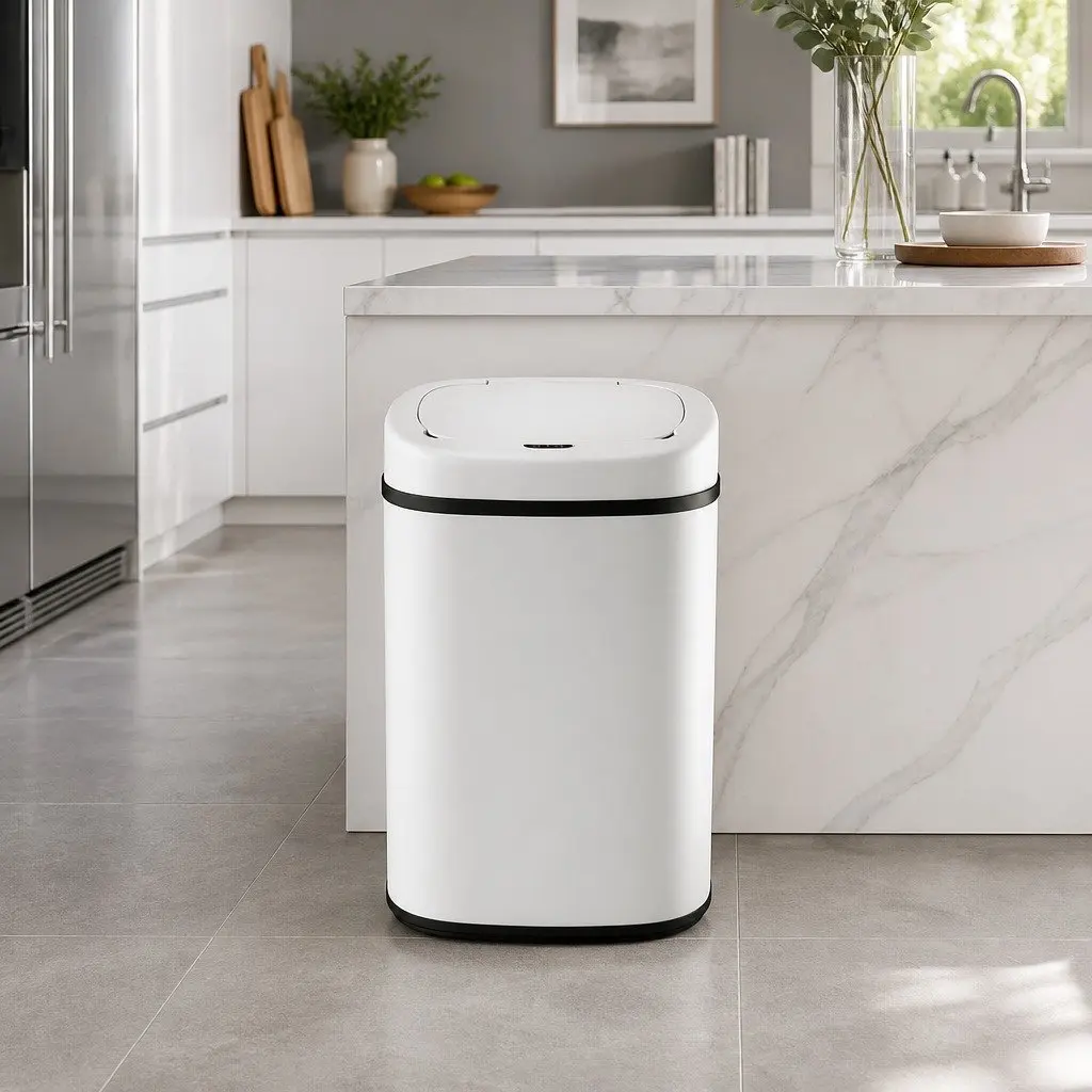 Motion Sensor Rubbish Bin Automatic 82L Capacity White Steel Kitchen Waste