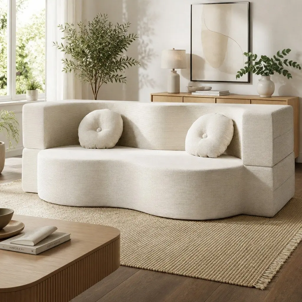 Beige 2-in-1 Sofa Bed with Pillows