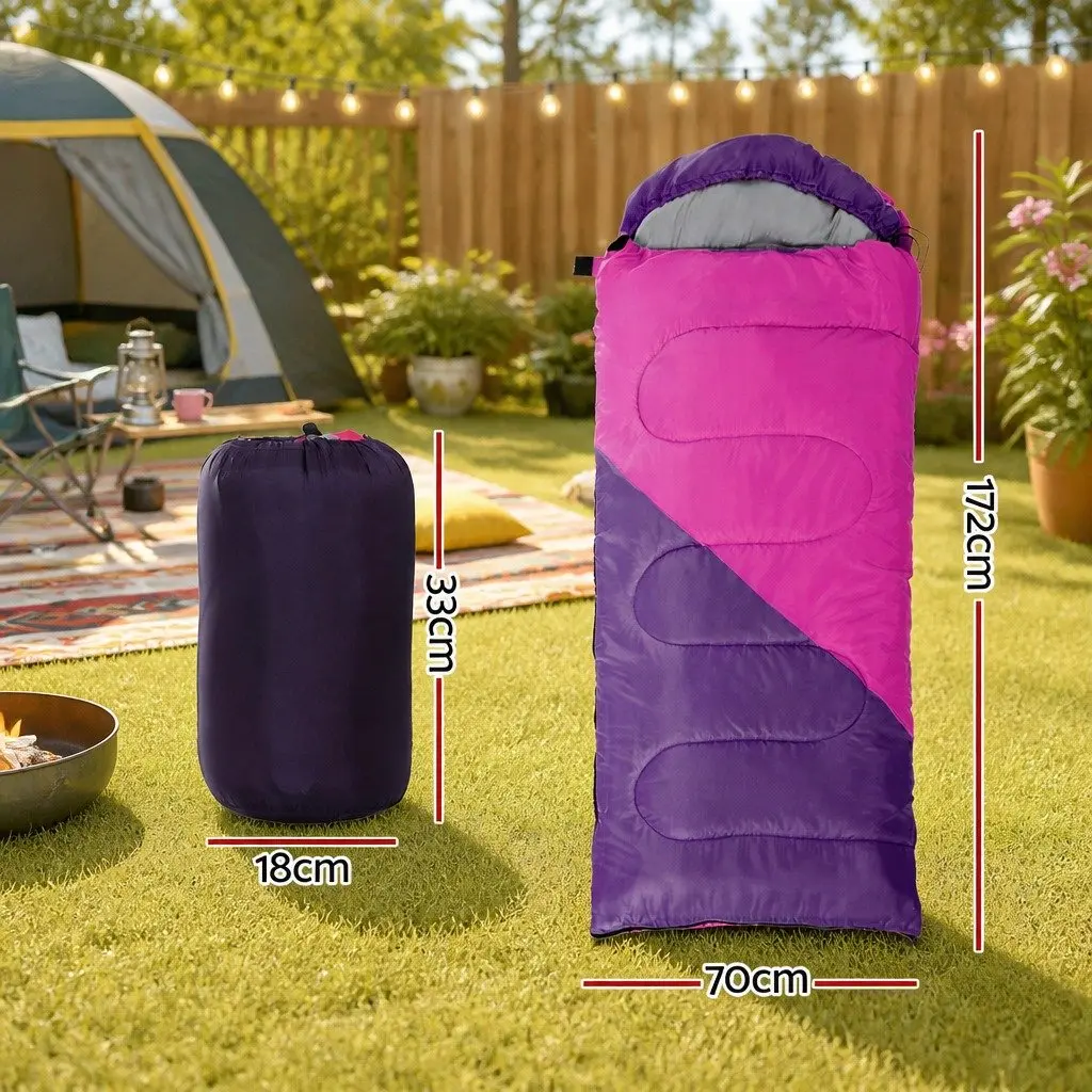 Kids Sleeping Bag 172cm Single Thermal Camping Hiking Travel Lightweight Pink