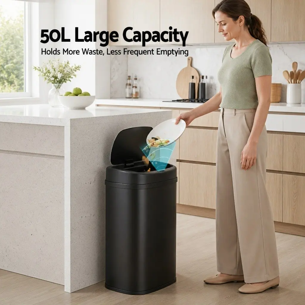 Motion Sensor Automatic Rubbish Bin 50L Hands-Free Kitchen Waste Trash Can Black