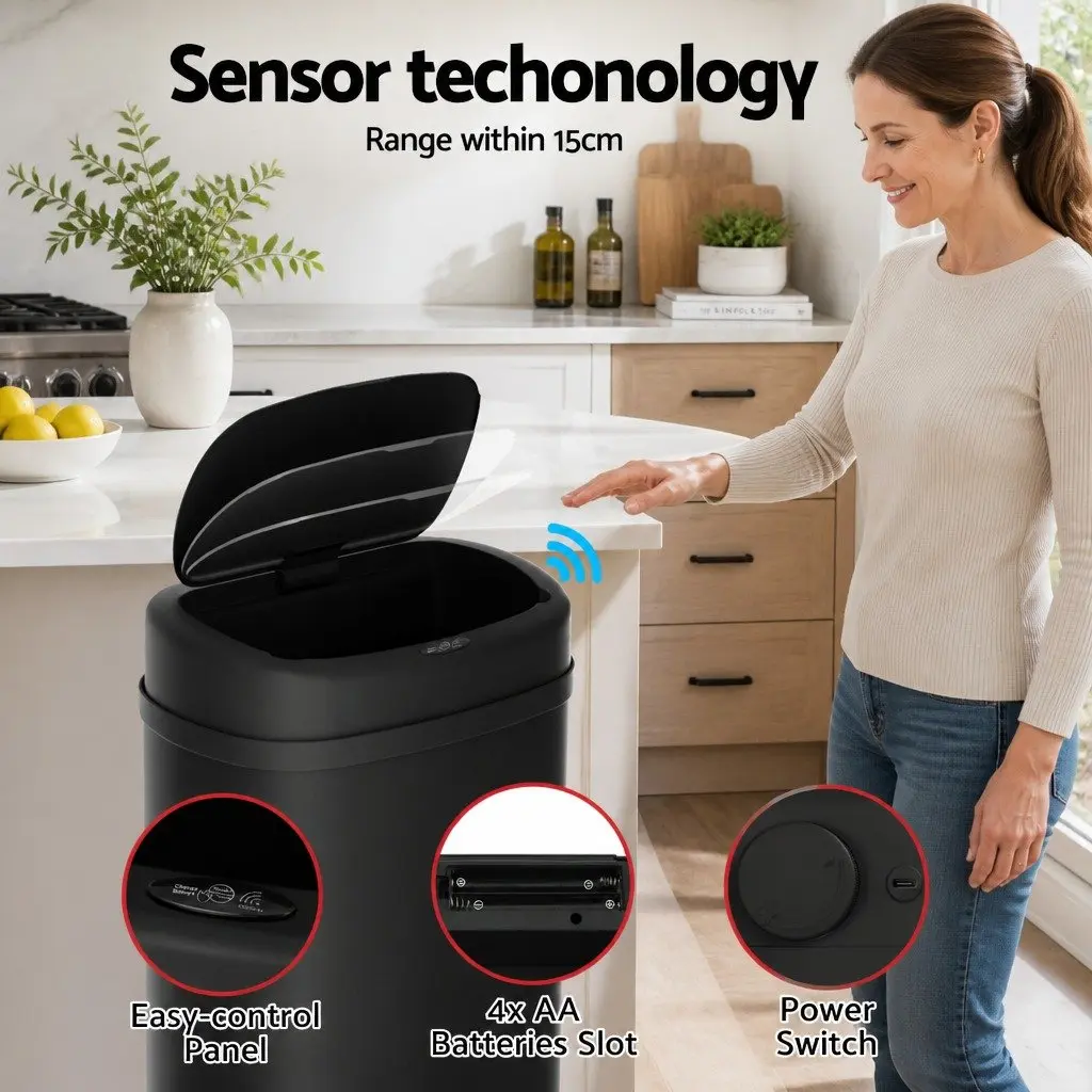 Motion Sensor Automatic Rubbish Bin 50L Hands-Free Kitchen Waste Trash Can Black