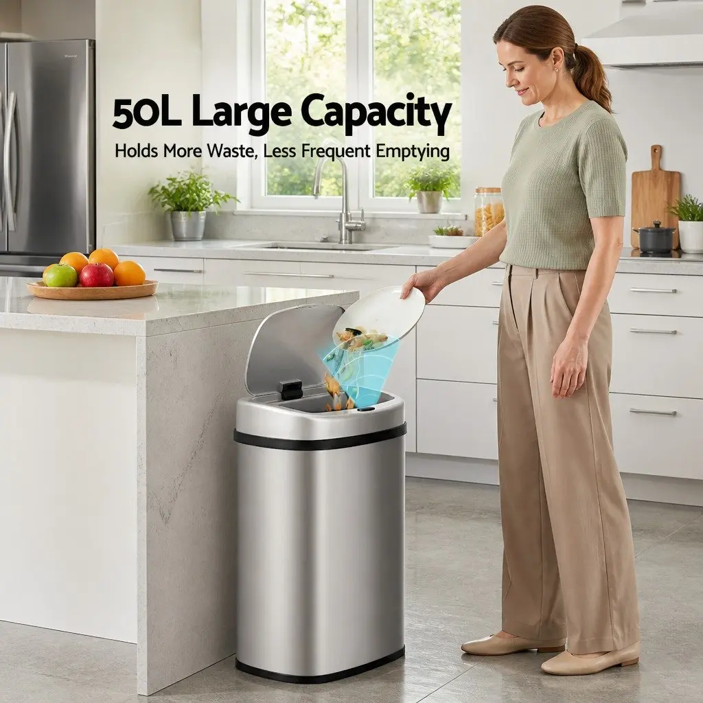 50L Automatic Motion Sensor Rubbish Bin Hands-Free Kitchen Waste Silver