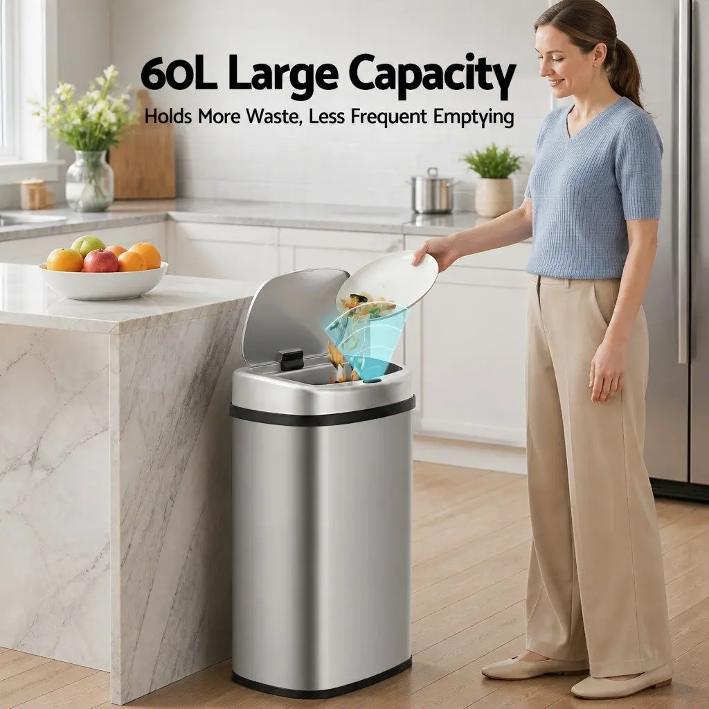 60L Stainless Steel Motion Sensor Bin with Quiet Operation