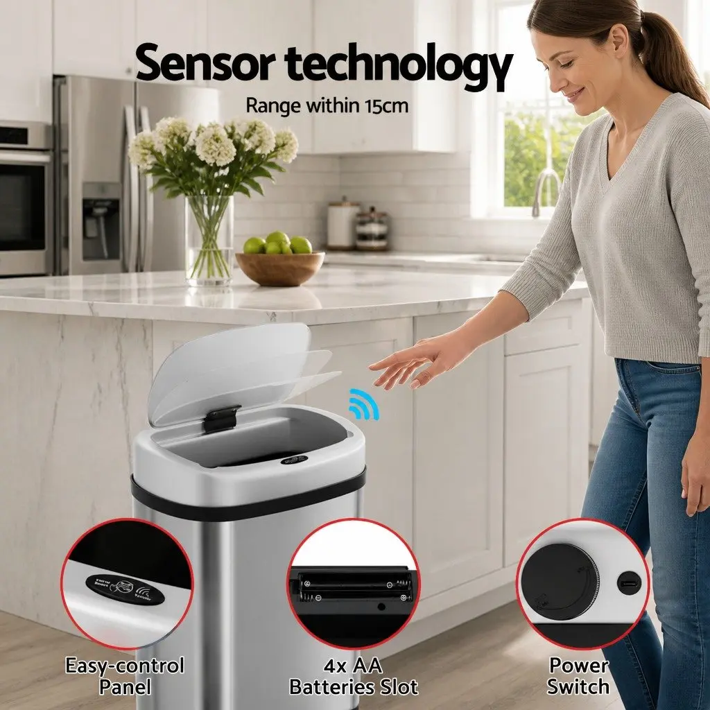 60L Stainless Steel Motion Sensor Bin with Quiet Operation