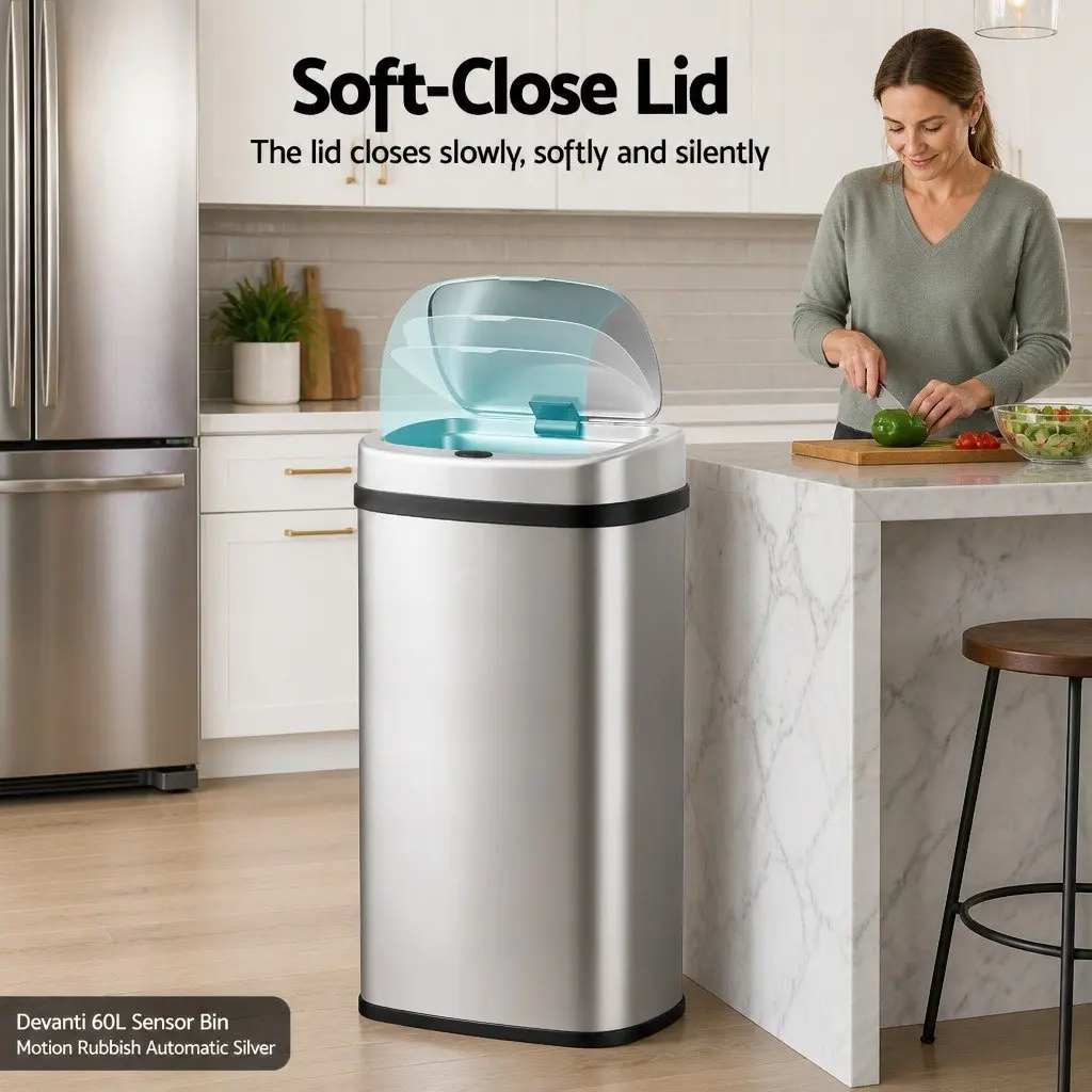 60L Stainless Steel Motion Sensor Bin with Quiet Operation