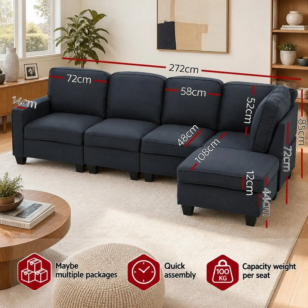 Modular Sofa Chaise Set 5-Seater Dark Grey Lounge Arm Chair Reconfigurable Couch