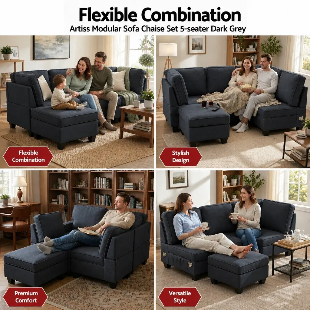 Modular Sofa Chaise Set 5-Seater Dark Grey Lounge Arm Chair Reconfigurable Couch