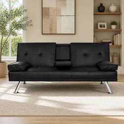 3-Seater Sofa Bed 168CM Black PU Leather Reclining Lounge Couch with Cup Holders
