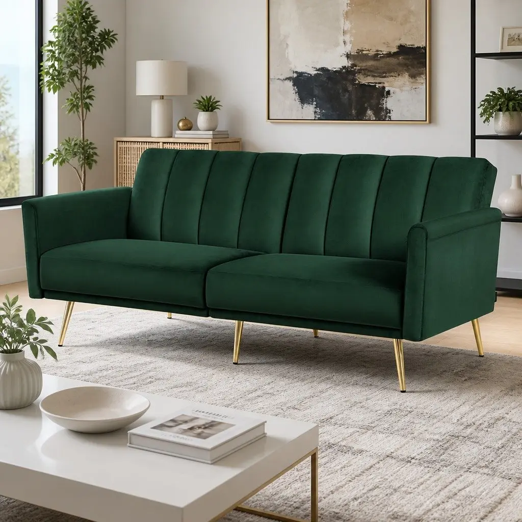 Green Velvet 3-Seater Convertible Sofa Bed