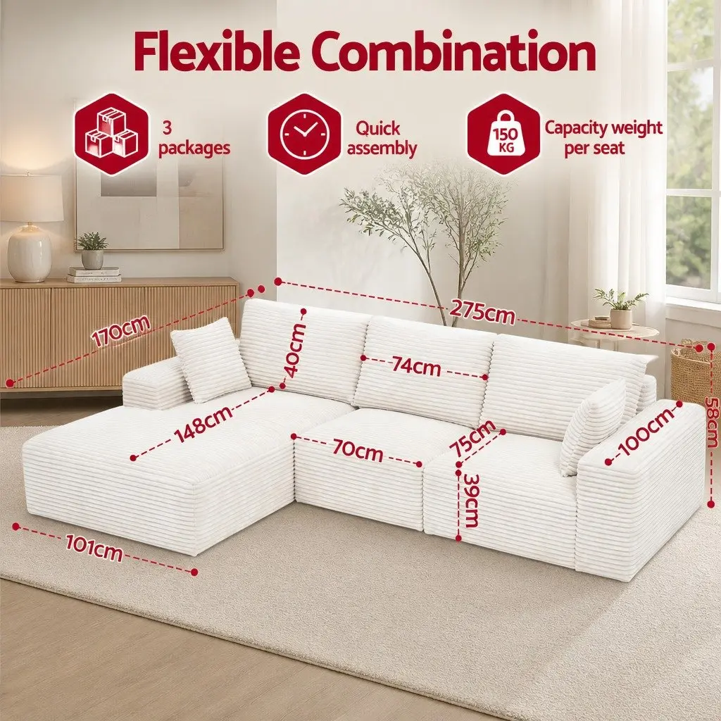3 Seater Modular Sofa Bed L-Shaped Sectional Living Room Couch White Corduroy