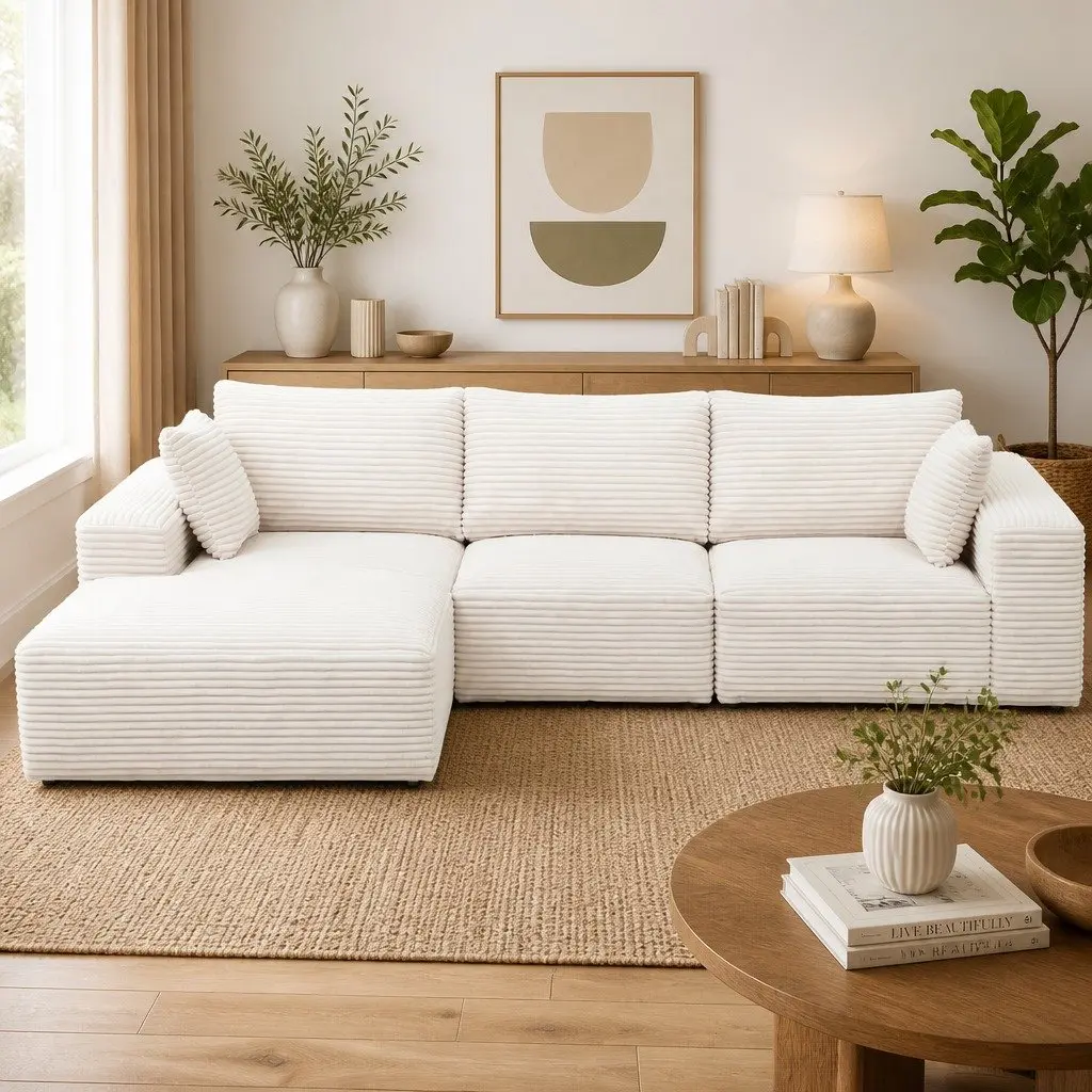 3 Seater Modular Sofa Bed L-Shaped Sectional Living Room Couch White Corduroy