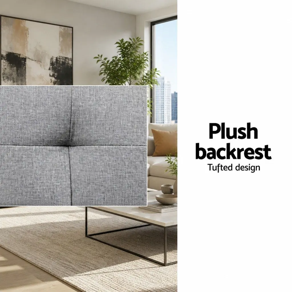 3-Seater Sofa Bed 188cm Grey Faux Linen Convertible Couch Adjustable Backrest