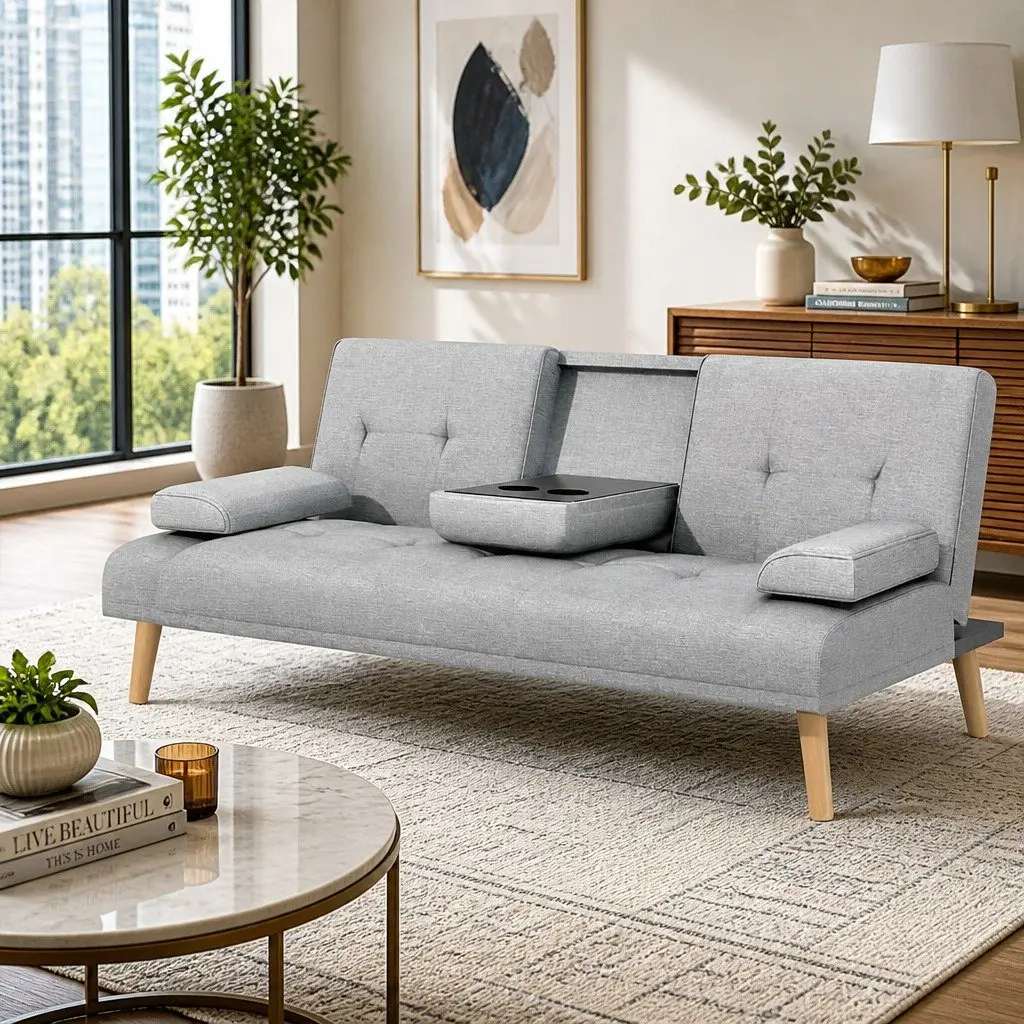 3-Seater Sofa Bed 188cm Grey Faux Linen Convertible Couch Adjustable Backrest